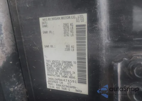 2010 Nissan Altima S z USA, uszkodzony, nr VIN 1N4AL2AP9AN474591